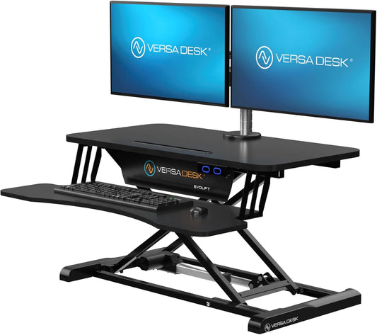 VERSADESK EvoLift 32" Electric Standing Desk Converter, Sit to Stand Motorized Desk Riser, 1-Button Easy Lift, Dual Monitor Workstation, Wide Keyboard Tray, Built-in Device Stand, Black