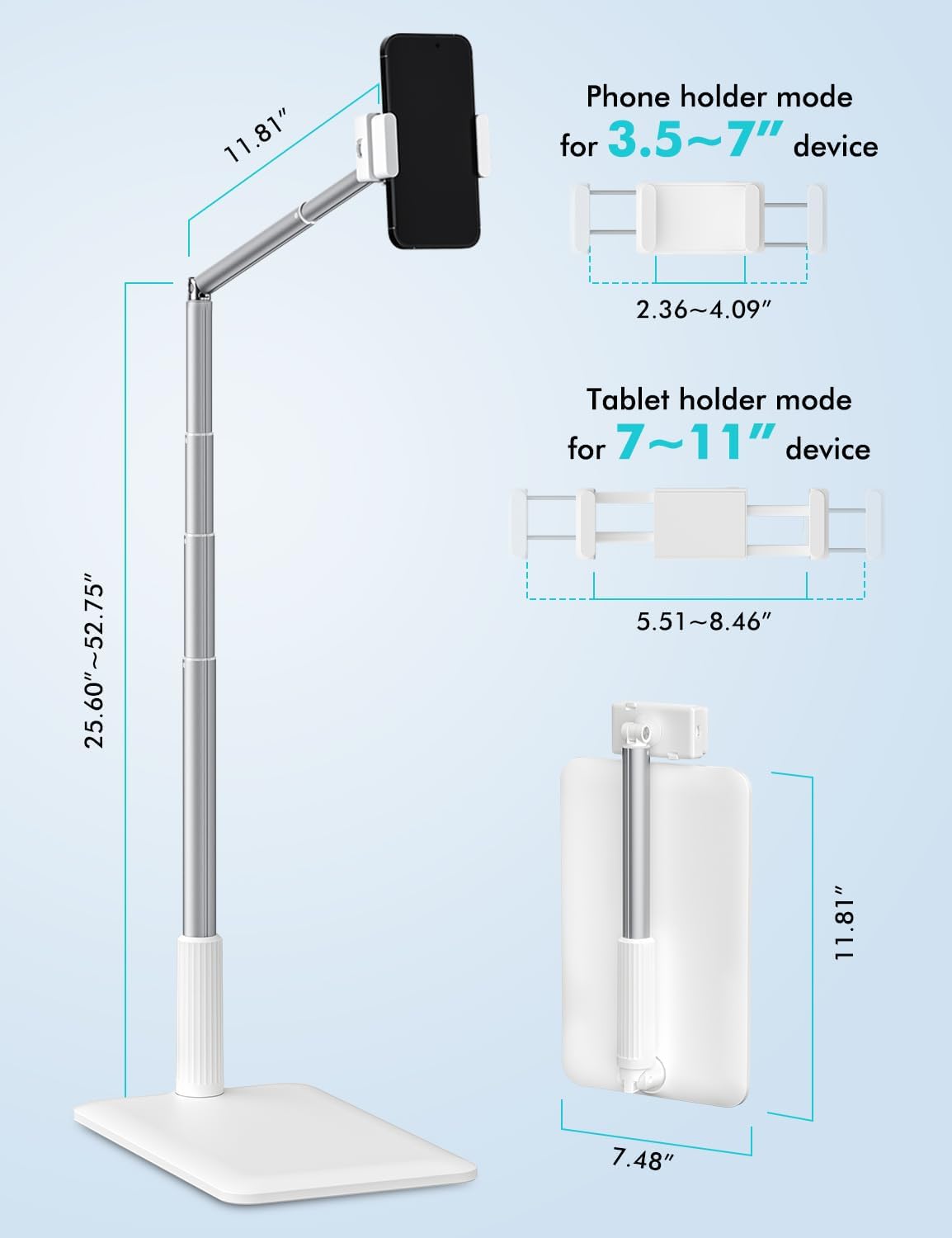 Viozon Tablet Floor Stand-Flexible Long Arm Tablet&Phone Holder,360° Angle Adjustable,Aluminum Alloy,Bedside,Sofaside,Desk,Compatible with 3.5-11 inches iPad,Kindle, iPhone 16 15 Plus/Pro Max -White