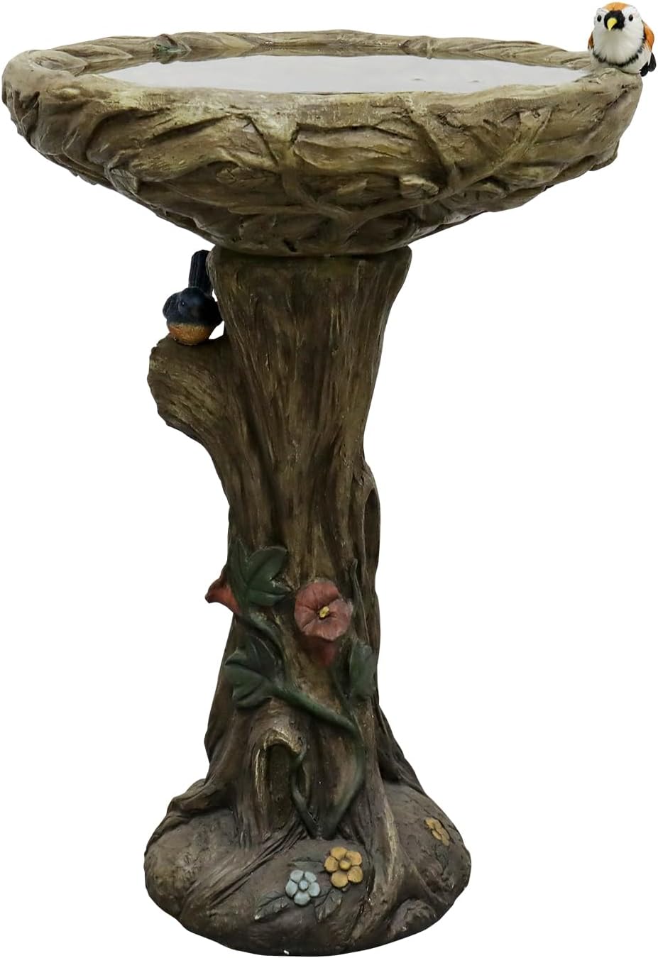 SunJet 25.5 Inch Heigh Wood-Look Concrete Bird Bath with Decorative Faux Bird – birdbath Rustic & Long-Lasting Design, Enhances Garden, Patio, Yard, Lawn Décor