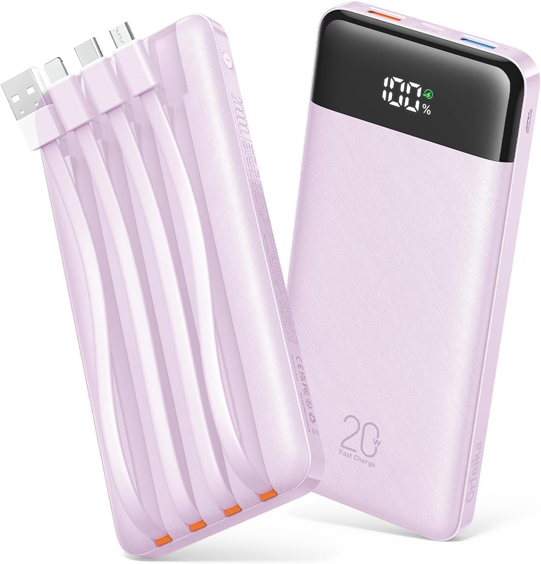 Orfeika 20000mAh Power Bank, Portable Charger with 4 Built-in Cables