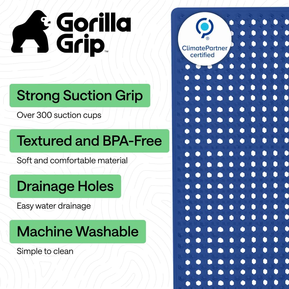 GORILLA GRIP Patented Bath Tub Shower Mat, Machine Washable Bathtub Floor Liner Mats, Suction Cups and Drain Holes to Keep Tubs Clean, Soft on Feet, Bathroom Essentials, 35x16 Inch, Royal Blue Opaque