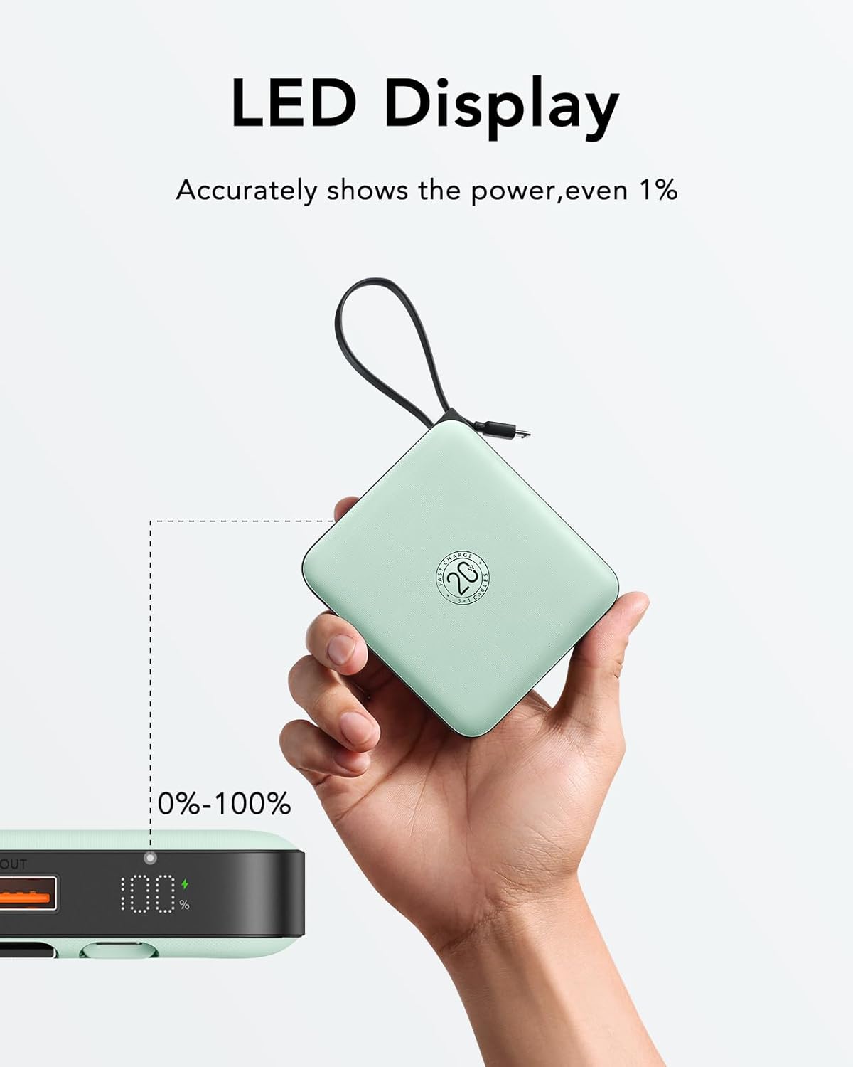 VRURC Portable Charger with Built-in Cable, 10000mAh 22.5W Fast Charging USB C Battery Pack, Cell Phone Power Bank for iPhone 17 16 15 Series Android Tablet (Green)
