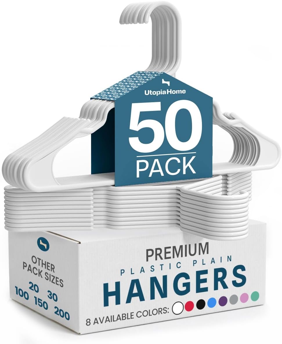 Utopia Home - Plastic Hangers 50 Pack - Space Saving Clothes Hanger - Durable and Strong Closet Organizers and Storage Makes It Ideal Stocking Stuffers or Apartment or Dorm Room Essentials (White)
