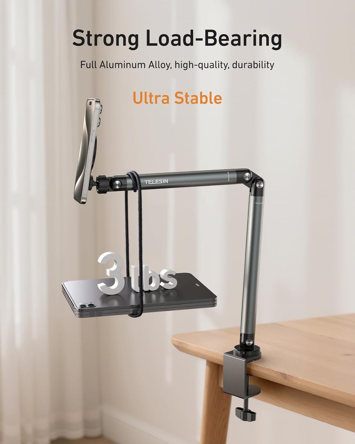 TELESIN Magnetic Phone Holder for Desk and Bed - Strong Magnetic - Tablet Stand Holder with Long Arm - 360° Freely Adjustable Rotation Base - Upgraded Silicone Clamp for iPhone, Android & IPad Series