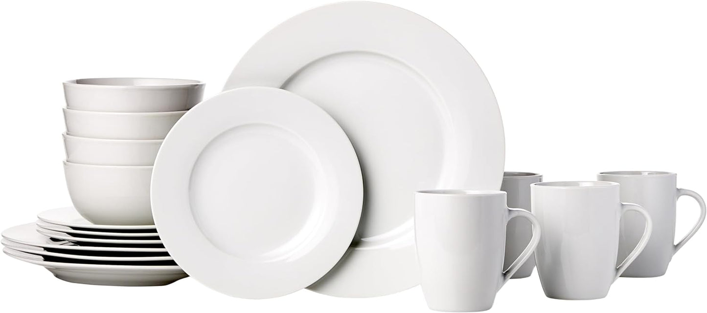 Amazon Basics 16-Piece Porcelain Dinnerware Set, Microwave and Dishwasher Safe, Service for 4, Plates, Bowls and Mugs, White