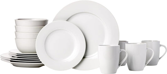 Amazon Basics 16-Piece Porcelain Dinnerware Set, Microwave and Dishwasher Safe, Service for 4, Plates, Bowls and Mugs, White
