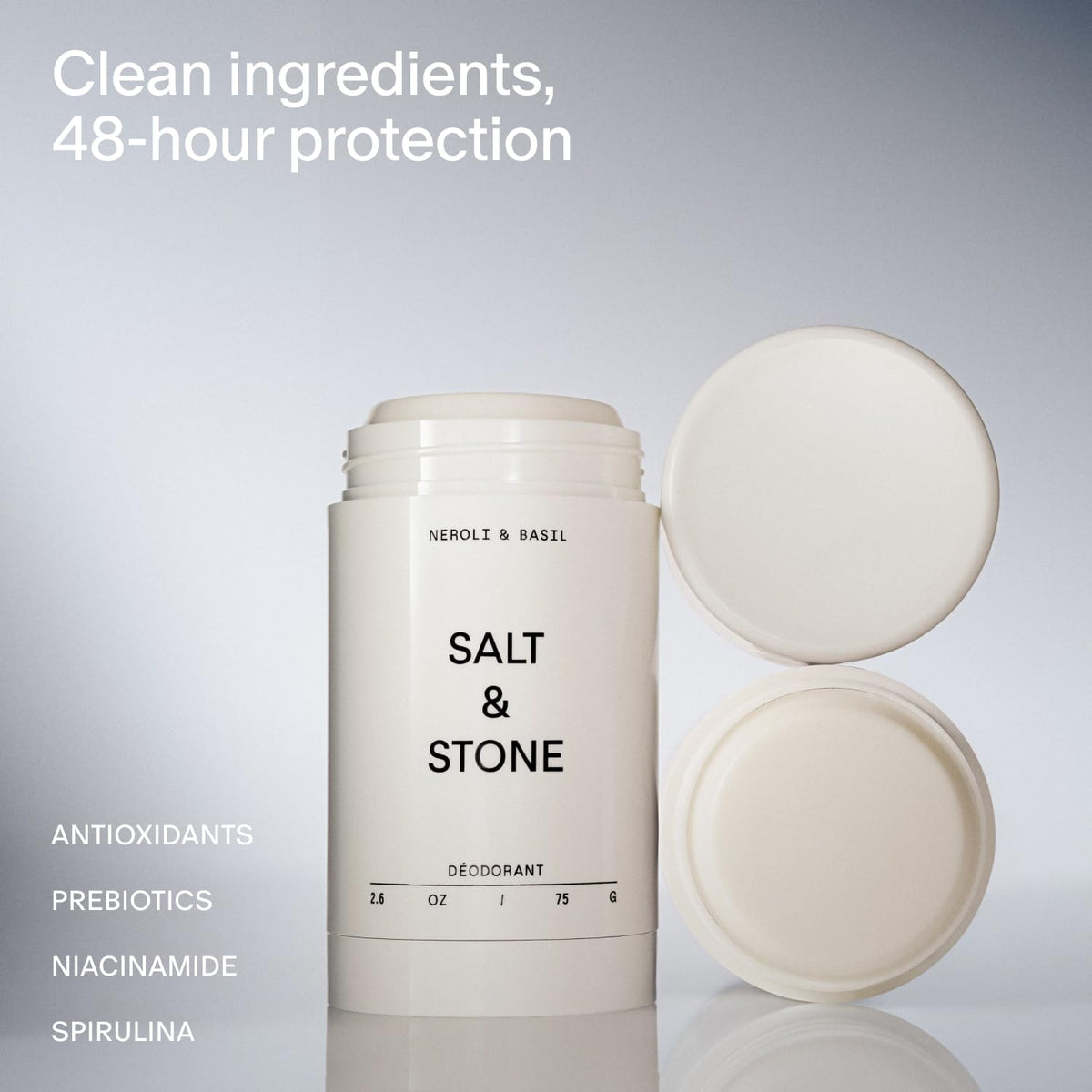 Salt & Stone Aluminum Free Deodorant | Extra Strength 48 Hour Protection for Women & Men | Made with Seaweed Extracts, Niacinamide & Prebiotics | Neroli & Basil