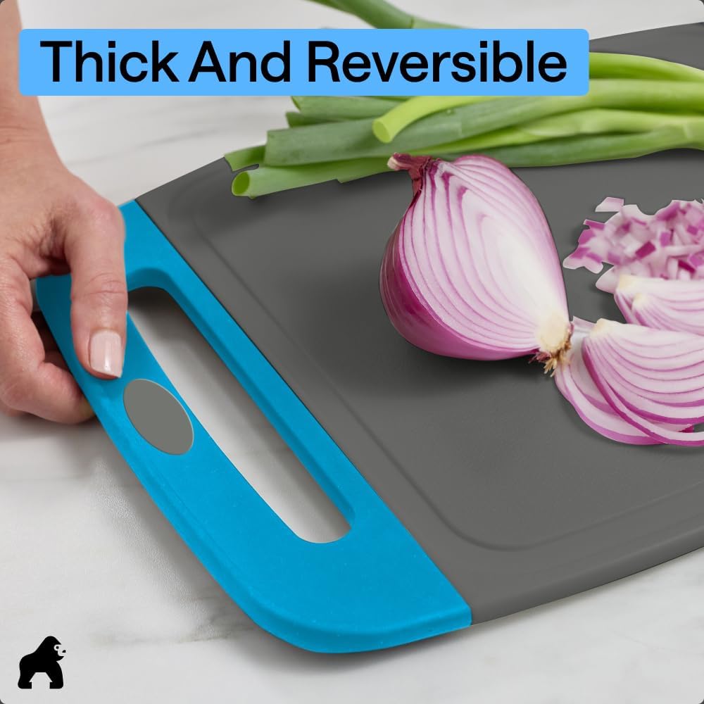 GORILLA GRIP BPA-Free Reversible Kitchen Cutting Board Set of 3, US Designed, Nonporous, Juice Grooves Catch Liquid, Slip Resistant Border, Dishwasher Safe, Durable Food Chopping Boards, Gray Aqua
