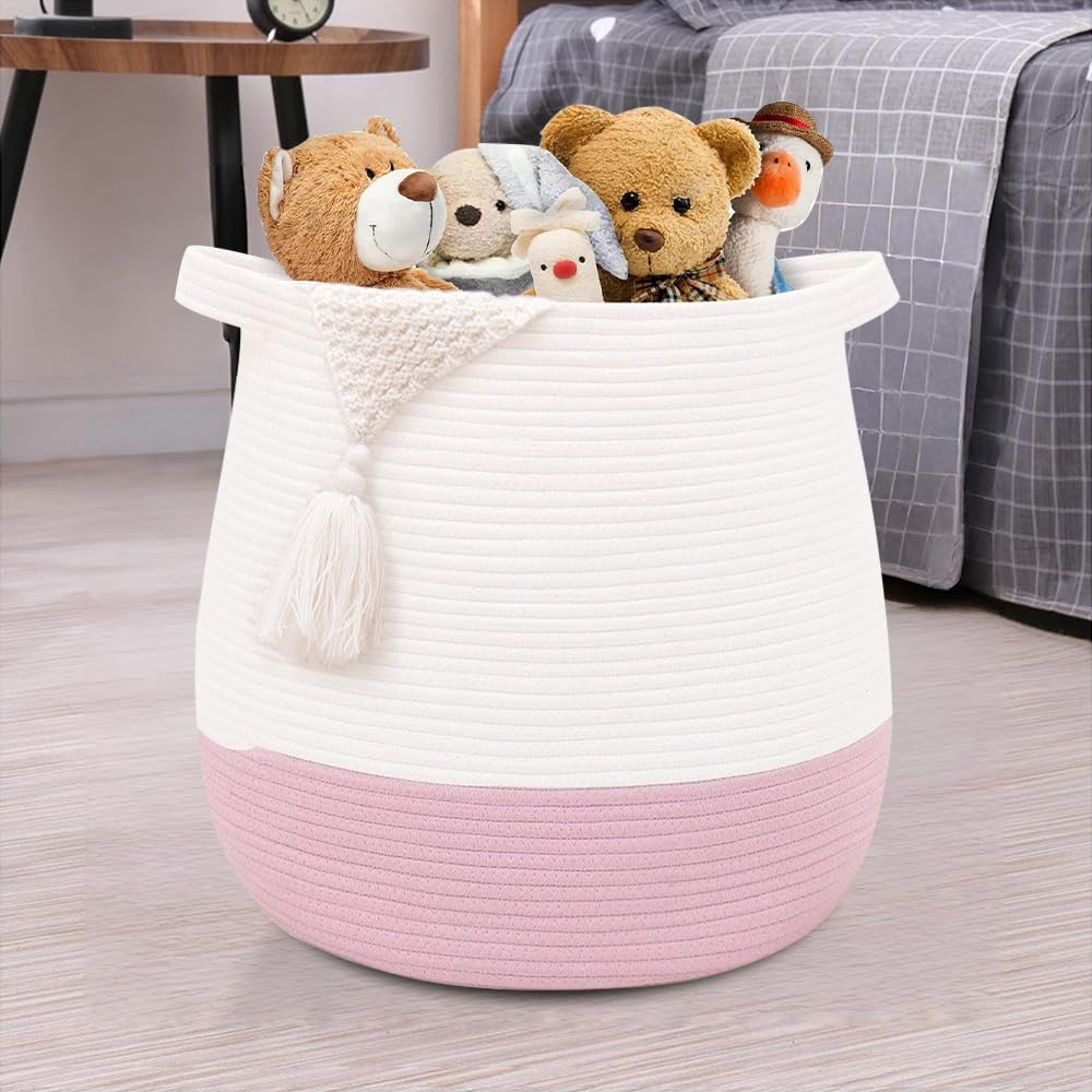 Large Cotton Rope Basket, Woven Storage Basket for Toy, Laundry and Blanket Organizer, Round Hamper Basket with Handles for Kid's Room 17.7"x16.9"