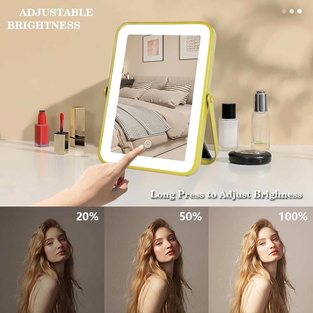 YEKKOPT Gold Rechargeable Makeup Mirror with Lights, LED Vanity Mirror, 3 Color Modes, Portable Desktop Mirror, Adjustable Brightness, Ideal for Dorm and Home Use