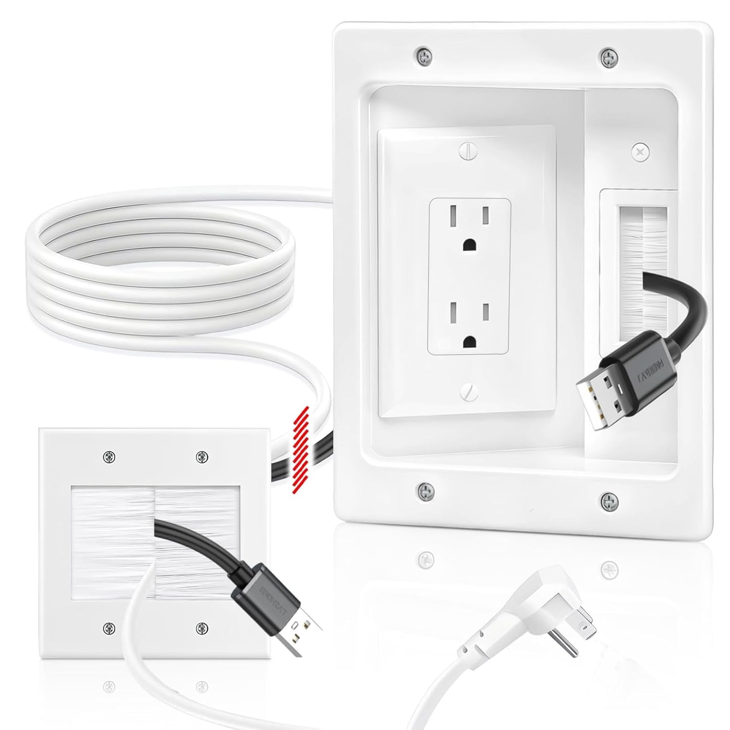 in Wall Cable Management Kit with Recessed Tv Outlet Box-Two-Hole Socket, 9ft Cord,Tv Cable Hider Wall Kit Hider Box Fits All Plugs, Easy, Safe Cable Management