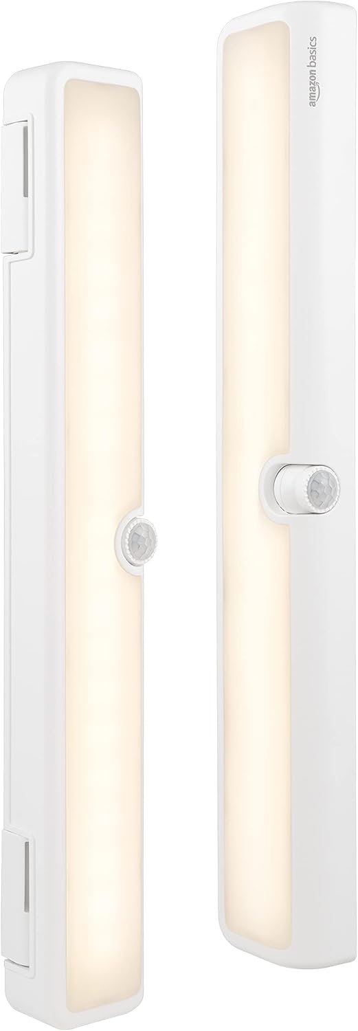 Amazon Basics LED Motion Sensor Light Bar, USB/Battery Operated, 250 Lumens, 12 Inches, Swivel, Under Cabinet Lighting for Closet, Kitchen, 2-Pack, White