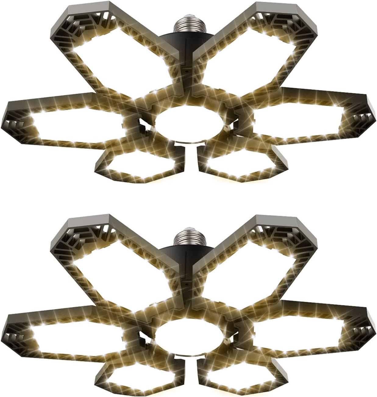 TANBABY 2 Pack LED Garage Warm Lights, 150W Deformable Garage Light Bulb, Total 12000LM 3000K Daylight, 6+1 Adjustable Panels, E26/E27 Screw-in Ceiling Light for Basement, Gift for Men