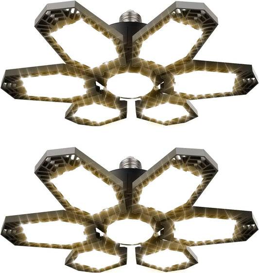 TANBABY 2 Pack LED Garage Warm Lights, 150W Deformable Garage Light Bulb, Total 12000LM 3000K Daylight, 6+1 Adjustable Panels, E26/E27 Screw-in Ceiling Light for Basement, Gift for Men