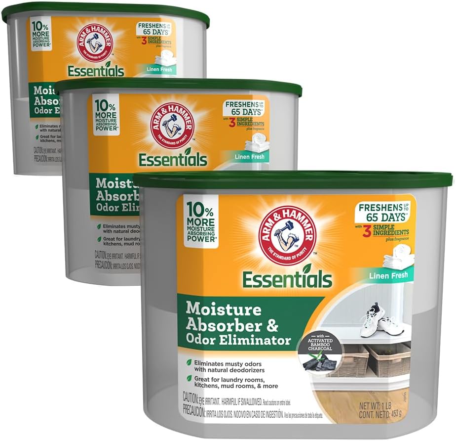 Arm & Hammer Essentials Disposable Moisture Absorber and Odor Eliminator Tub, Linen Fresh, 1 lb., 3-Pack, Attracts and Traps Excess Moisture, Ideal Closet Non-Electric Dehumidifier