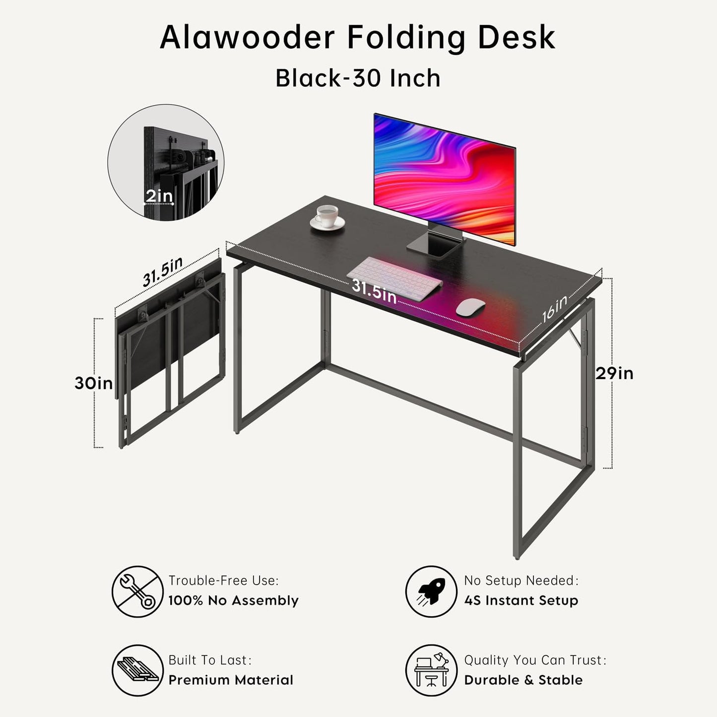 alawooder Folding Desk - 31.5" Wood Top Foldable Desk for Small Spaces | No Assembly Required Compact Desk for Home Office, Writing, and Study