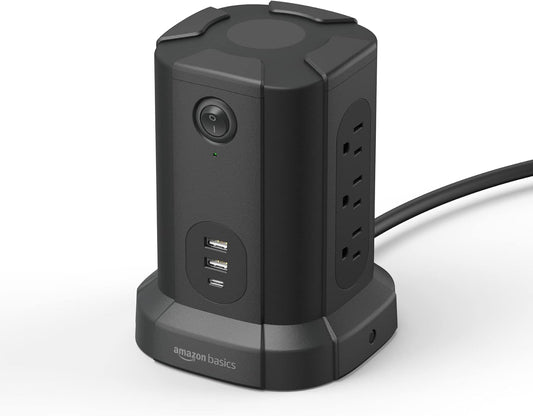 Amazon Basics Power Strip Tower Charging Station, Surge Protector 1080J, 9 Outlet with Integrated USB Charging Ports (2 USB-A and 1 USB-C), Space Saving, 15A, 6ft Cord, Black