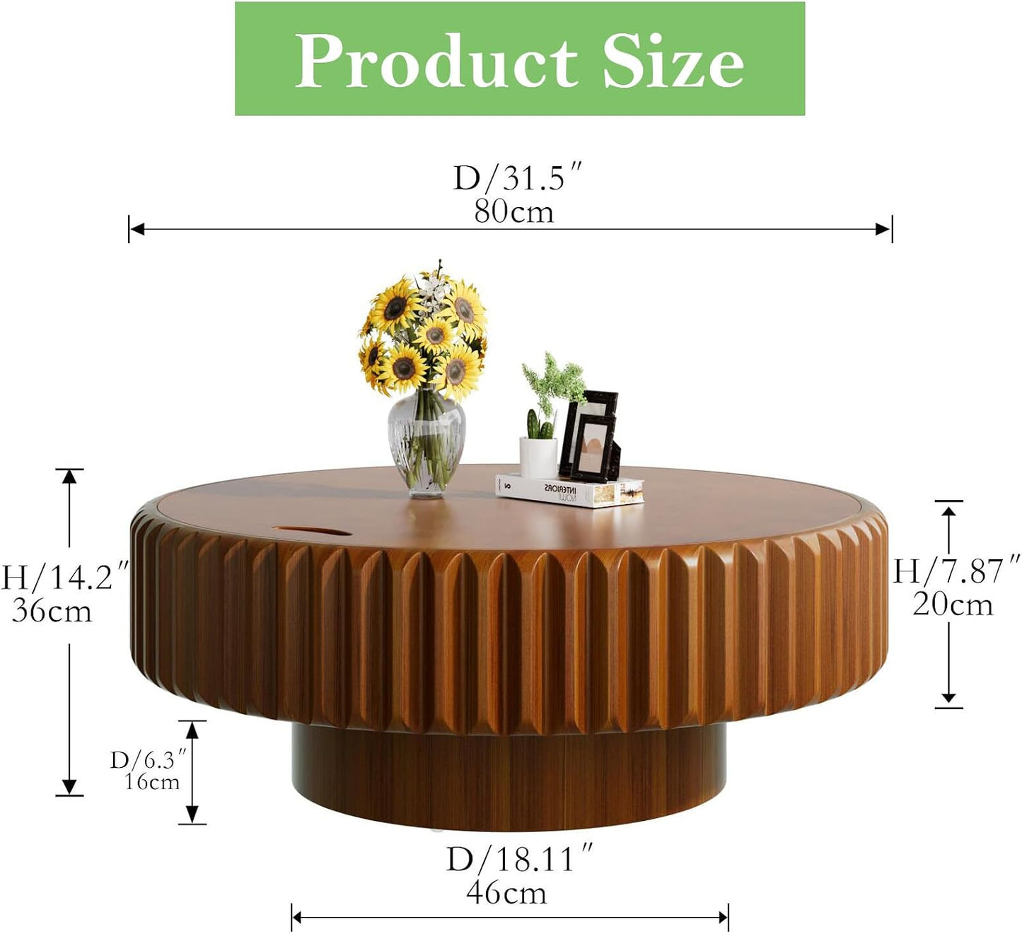 31.5" Round Drum Coffee Table with Storage (A 31.5in) | Rustic Chic Fluted Center Table - Handcraft Solid Wood Veneer Edge | for Living Room Farmhouse