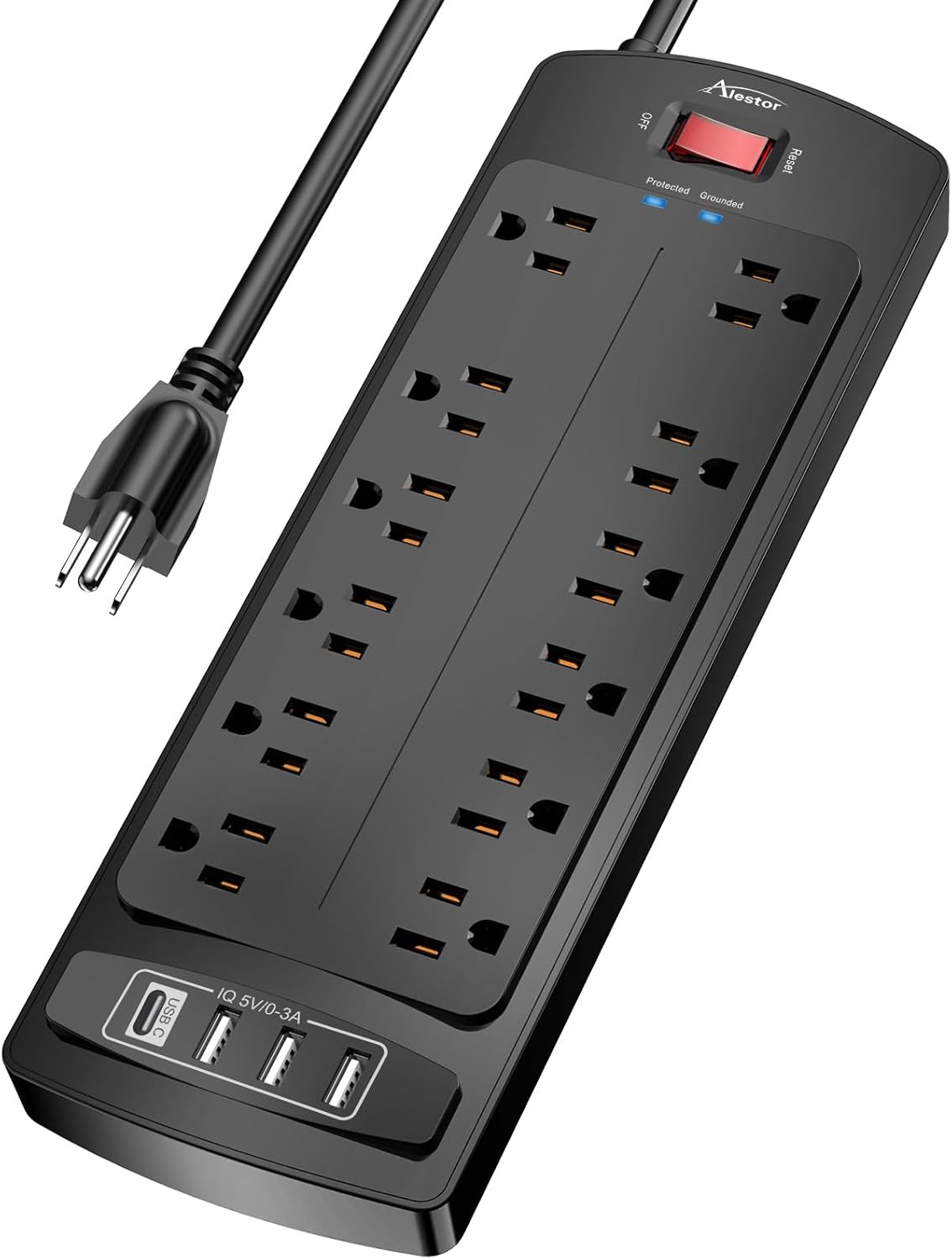 Power Strip, ALESTOR Surge Protector with 12 Outlets and 4 USB Ports, 6 Feet Extension Cord, 2700 Joules, ETL Listed, Black