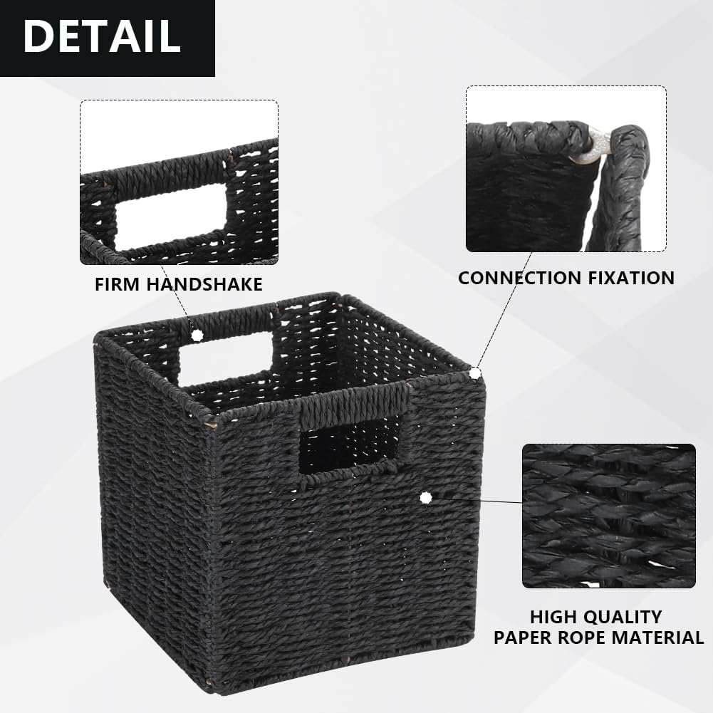 6 Pack 8.7 Inch Wicker Baskets | Hand Paper Rope Storage Baskets，Foldable Cube Storage Bins Organizer Square Wicker Cubes for Shelves (Black)