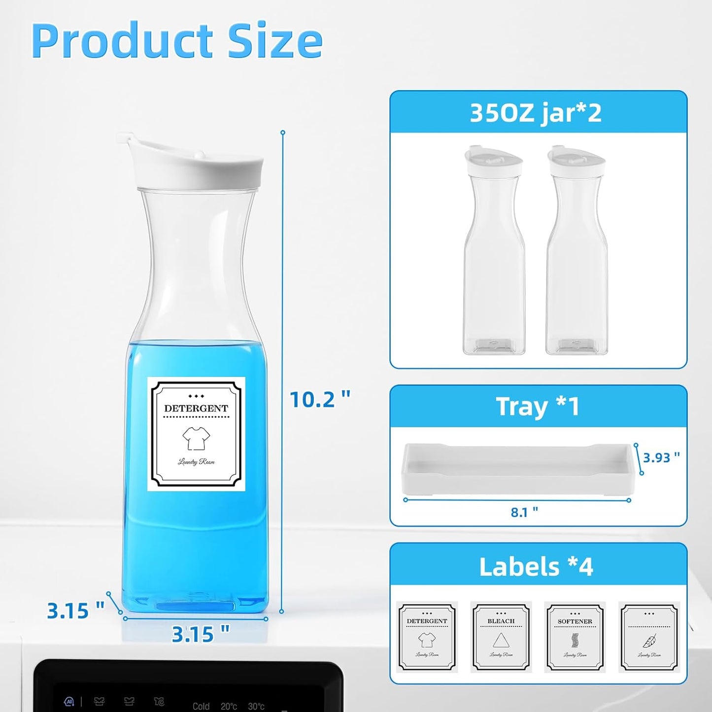 Laundry Detergent Dispenser,Laundry Soap Dispenser,Liquid Laundry Detergent Container,35OZ Fabric Softener Dispenser with Tray, Laundry Room Organization,Extra 4 Labels,White
