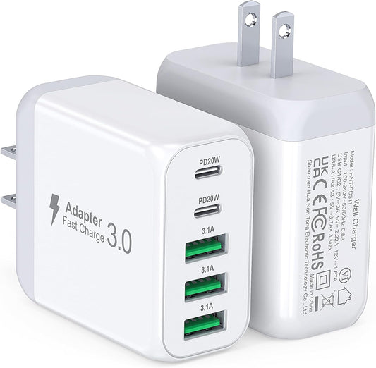 USB C Wall Charger Block, 2Pack 50W 5-Port C Charger Fast Charging Block PD Power Adapter +QC Multiport Type C Box Brick Cube USB A Wall Plug for iPhone 16/15/14 Pro Max Plus, iPad,Samsung Galaxy