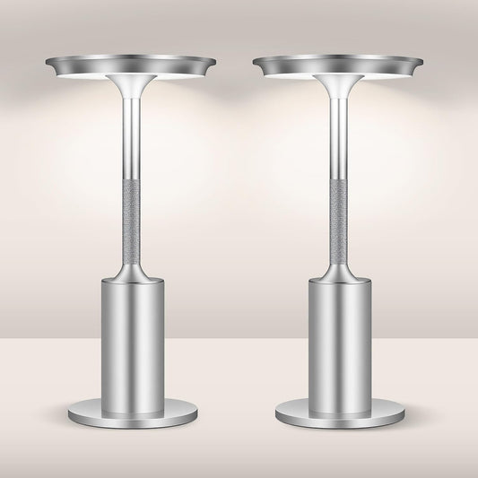 2 Pack Cordless Table Lamps Rechargeable, 5000mAh Battery Operateds Table Lights, LED Portable Silver Table Lamp for Outdoor/Dinner/Patio/Restaurant，3 Color Temperature & Stepless Dimming