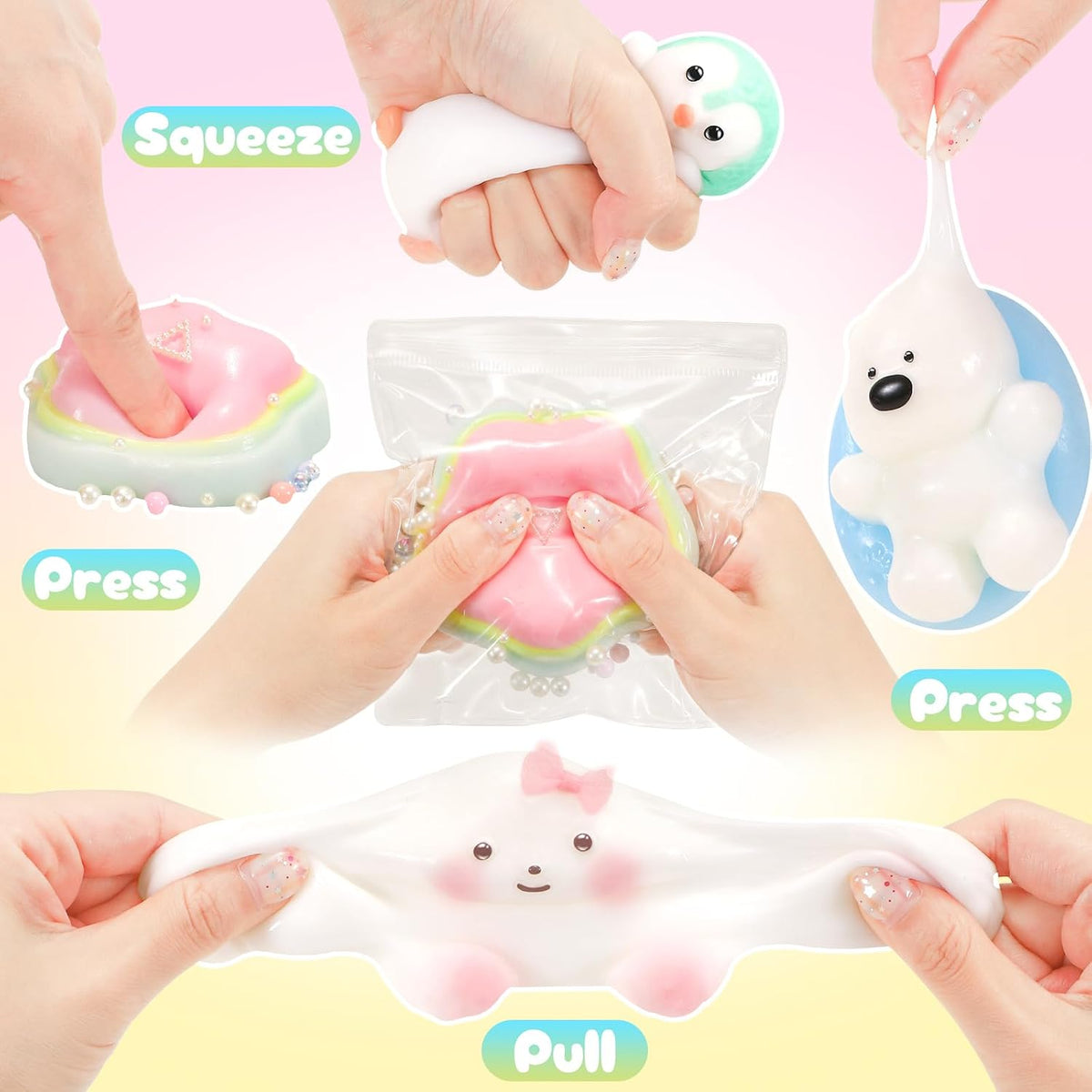 NINAOR Squishy Fidget Toys 4Pcs, Cute Penguin Bunny Pool Dog Squeeze Sensory Toys for Kids Stress Relief Gifts Treasure Box Toys for Classroom Birthday Party Favors Easter Stocking Stuffers for Teens