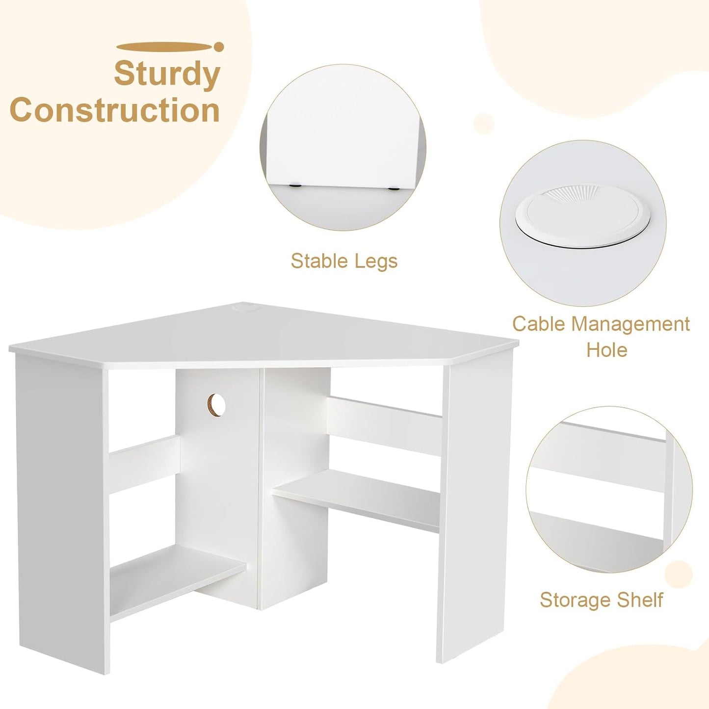 Tangkula White Corner Desk - 90 Degrees Triangle for Computer, Small Space, Bedroom, Makeup Vanity Desk with Storage Shelves & CPU Stand, Space Saving Writing Desk