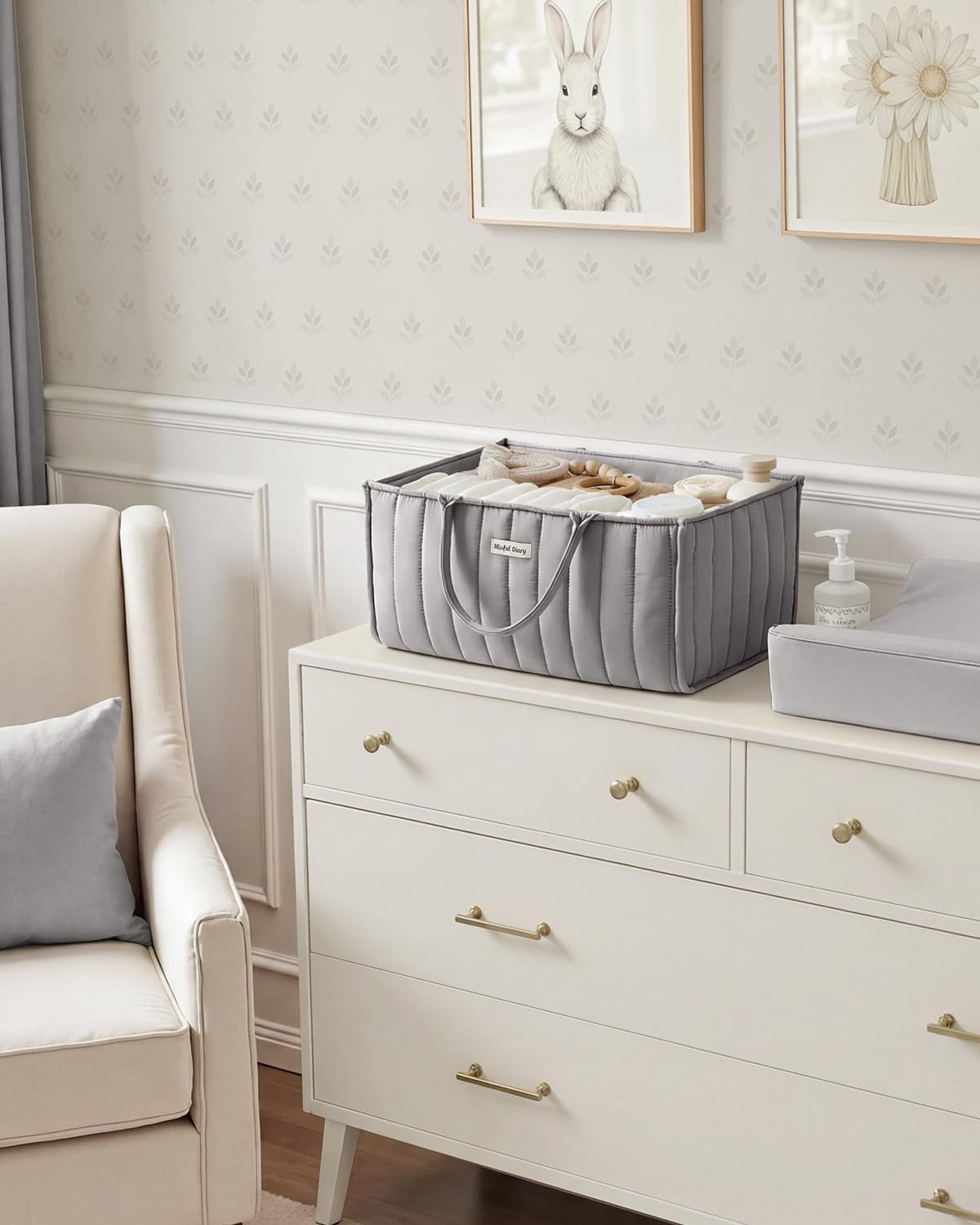 Blissful Diary Baby Diaper Caddy Organizer, Stylish Storage Basket for Newborn Essentials and Diaper Station, Gift for Baby Shower and Registry Must-Have, Light Gray