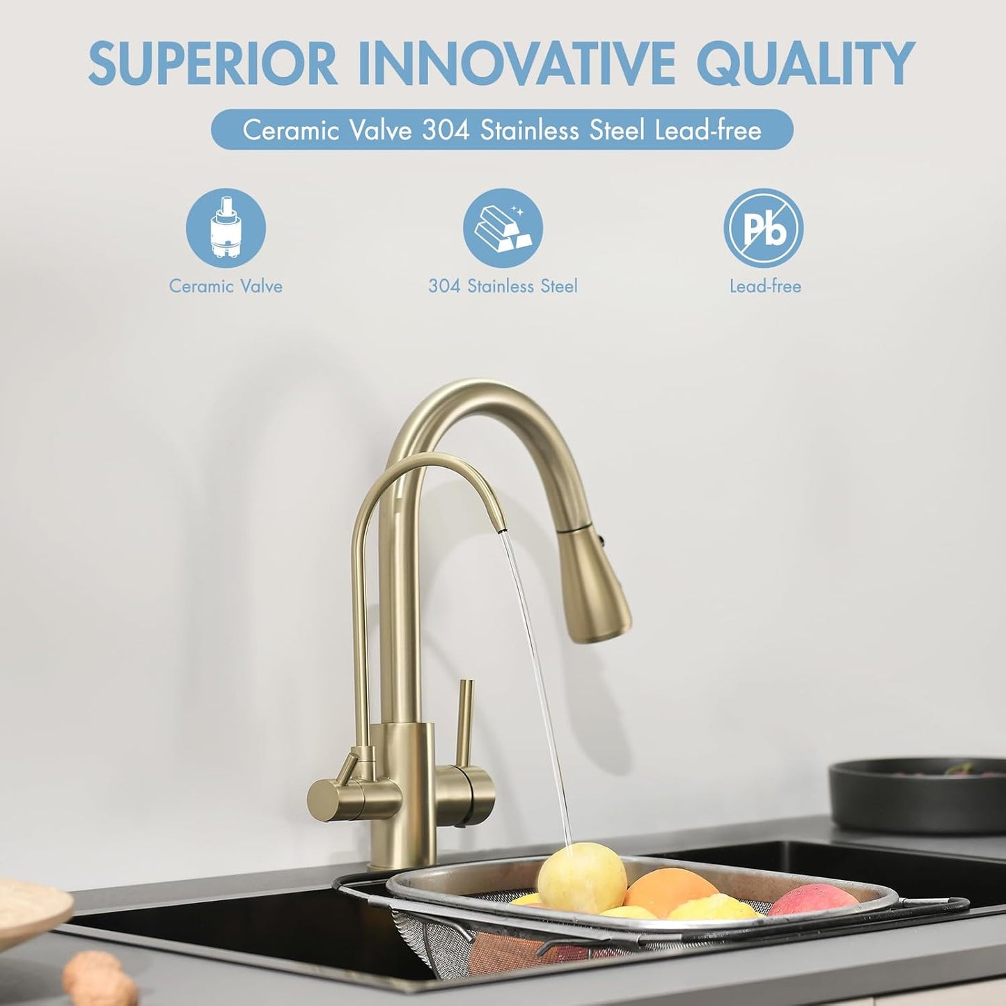 GIMILI 3 in 1 Gold Kitchen Faucet with Under Sink Water Filter System, Reduces Lead, Chlorine, Bad Taste & Odor, Kitchen Sink Faucet with Drinking Water Faucet