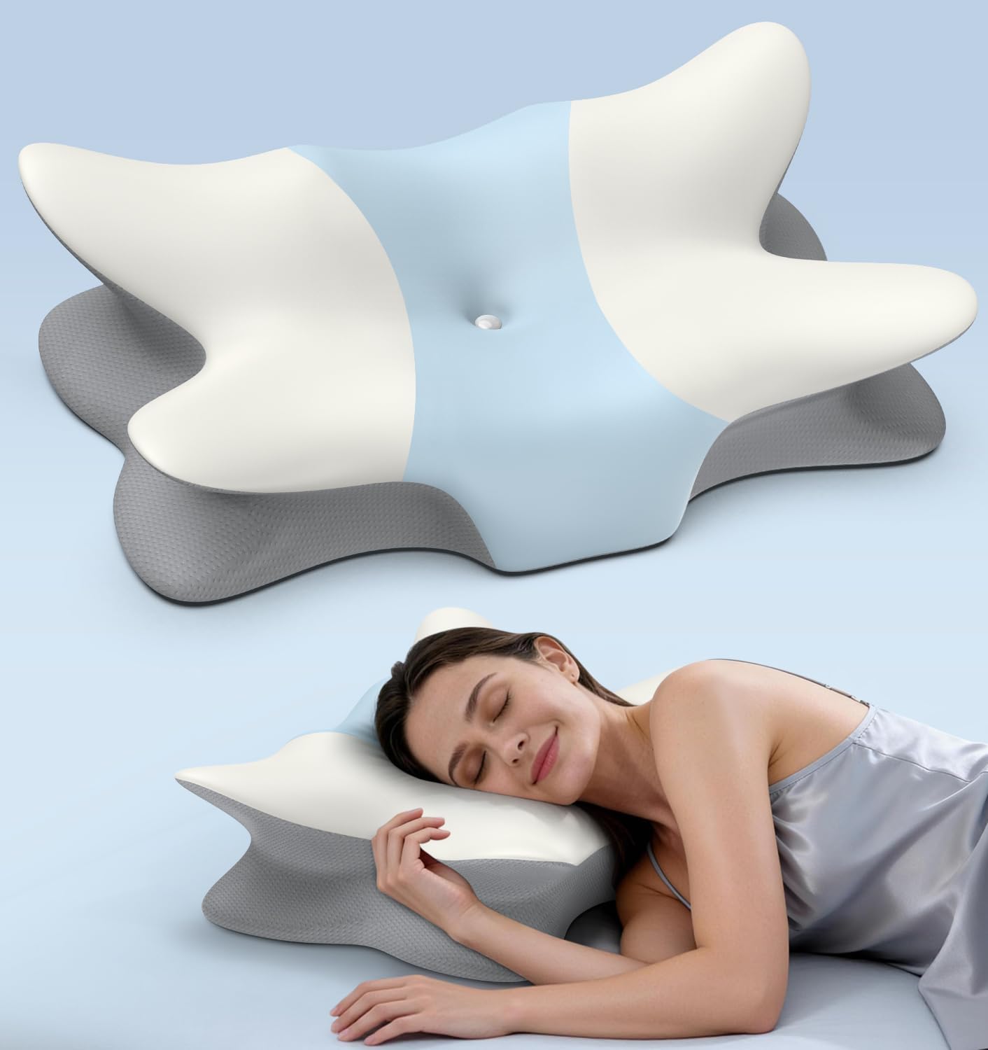 Cervical Pillow for Neck and Shoulder Pain Relief - Ergonomic Neck Pillow for Sleeping, Contour Memory Foam Pillows Side Sleeper Pillow, Bed Pillow for Side Back Stomach Sleepers(White & Blue)