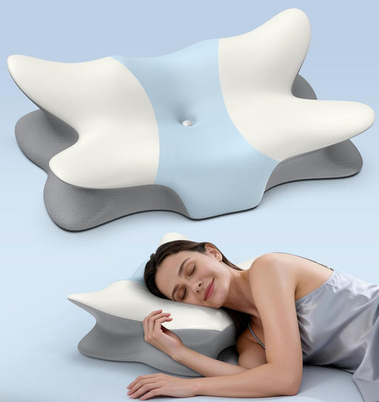 Cervical Pillow for Neck and Shoulder Pain Relief - Ergonomic Neck Pillow for Sleeping, Contour Memory Foam Pillows Side Sleeper Pillow, Bed Pillow for Side Back Stomach Sleepers(White & Blue)