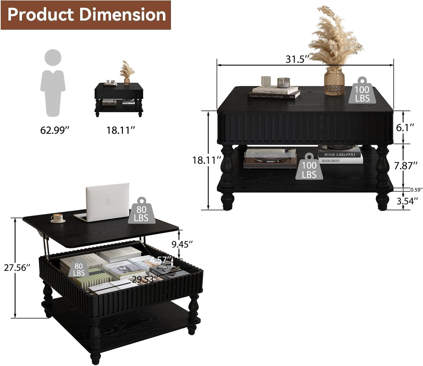 31.5 Inch Square Lift Top Coffee Table with Hidden Storage, 2 Tier Wooden Square Fluted Coffee Table with Open Shelf & Sculpted Legs, Retro Center Table for Living Room, Apartment, Home Office, Black
