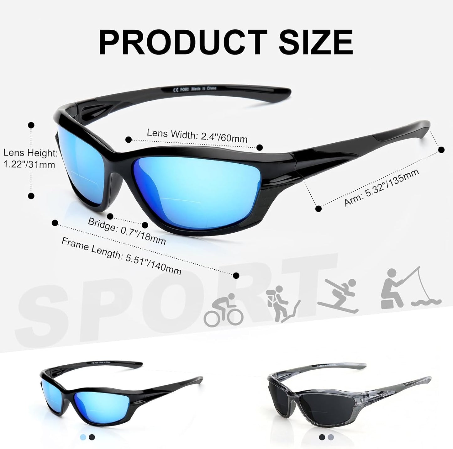 Missfive 2-Pack Mens Go-To Bifocal Sunglasses with Readers Built In, Resilient Temple Comfort-Fit Sport Wrap Around Frame & UV400 Protection, Driving & Reading Glasses for Outdoor +2.5