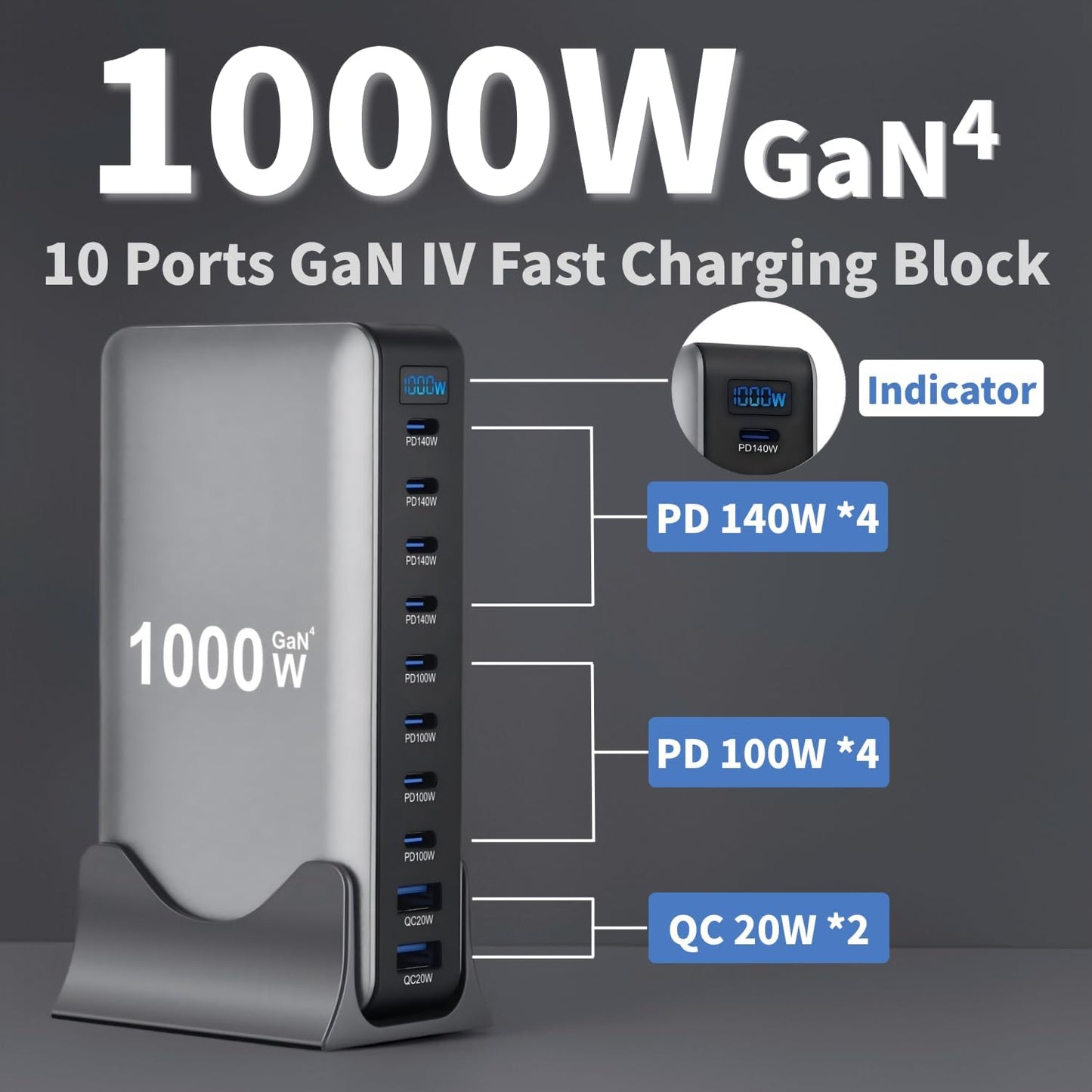 1000W USB C Fast Charger Block, 10 Ports GaN IV Pro USB Chagring Station, 140W PD QC HUB for Multiple Devices, Laptop Adapter Compatible with MacBook Pro/Air iPad iPhone Pro Max, Galaxy, Dell, HP