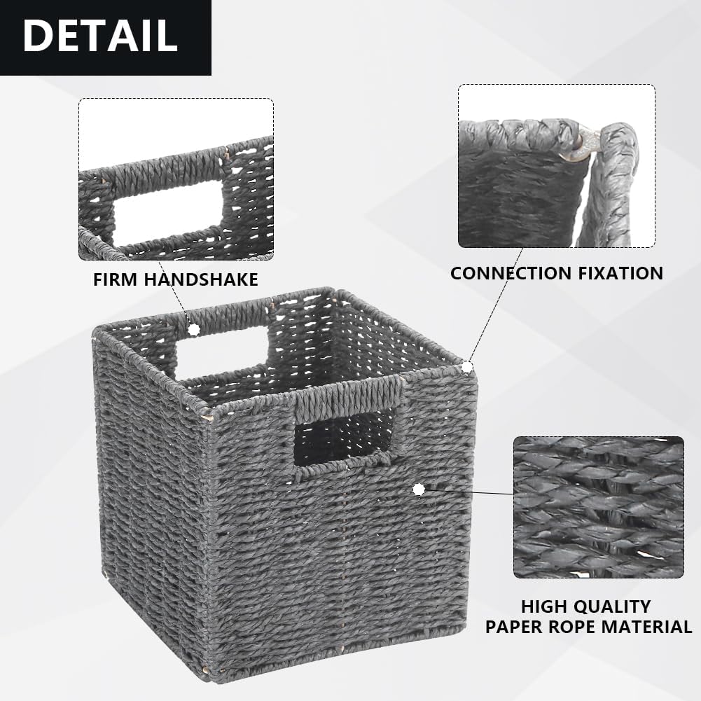 6 Pack 8.7 Inch Wicker Baskets, Paper Rope Storage Baskets | Foldable Cube Storage Bins Organizer Square Wicker Cubes for Shelves Pantry Organizing & Decor (Gray)