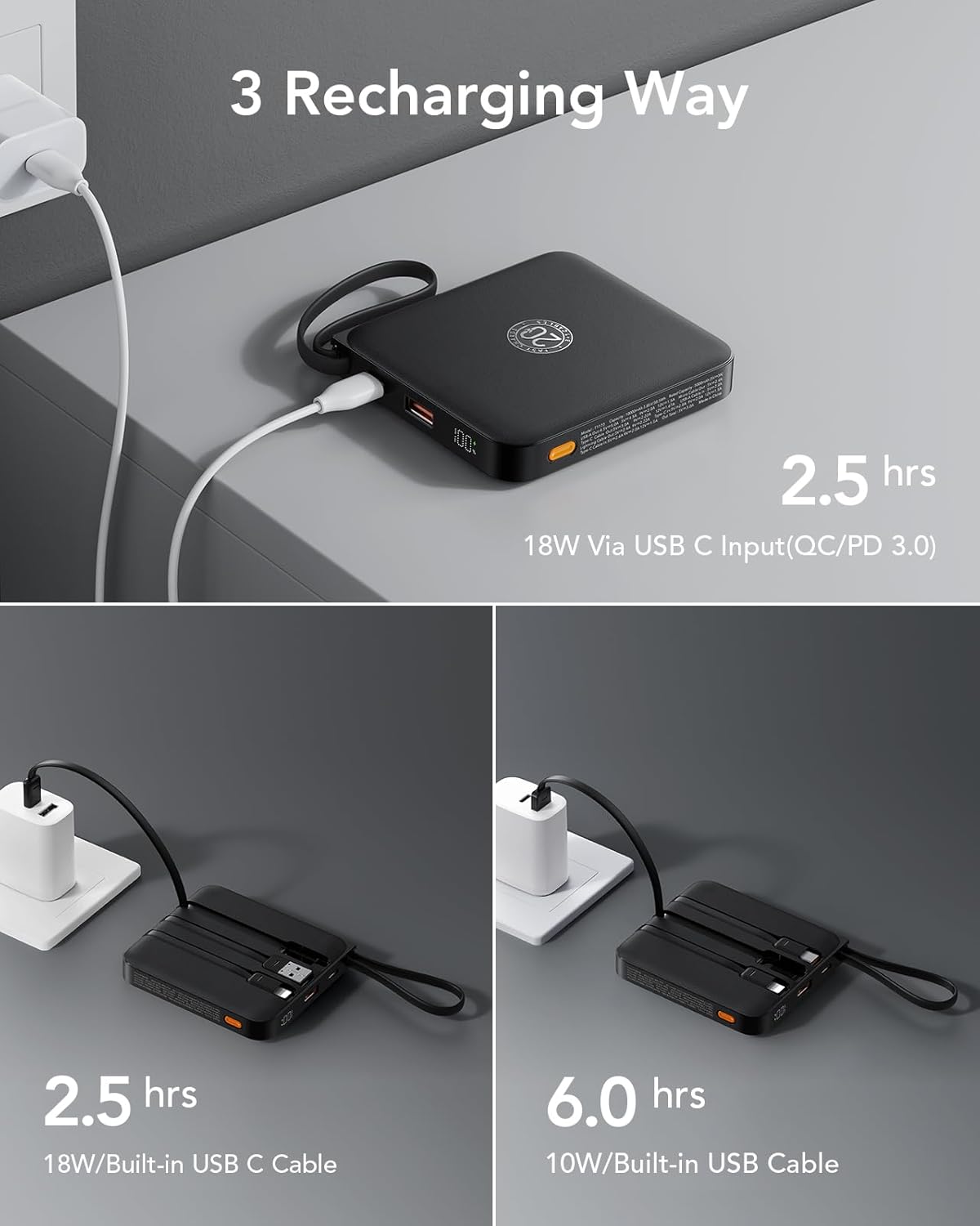 VRURC Portable Charger with Built-in Cables, 10000mAh 22.5W Fast Charging USB C Power Bank with LED Digital Display, Slim Battery Pack for iPhone 17/16/15 & Samsung Galaxy & Android Phones (Black)