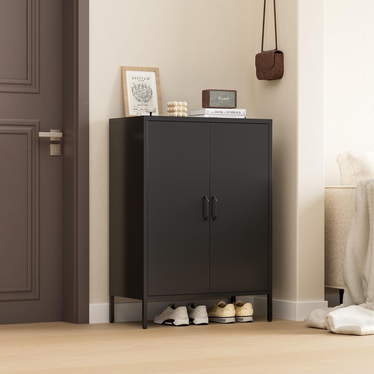 Metal Locker Storage Cabinet, Accent Sideboard Cabinet with Adjustable Shelves for Home Office, Garage, Kitchen, Living Room (Black, 40" H-Metal Doors)
