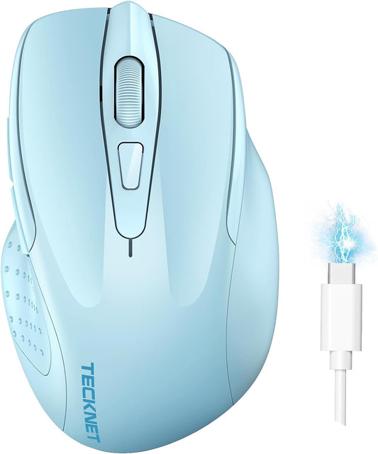 TECKNET Wireless Mouse, BT 5.0/2.4G, Rechargeable 6-DPI Silent, Lightblue