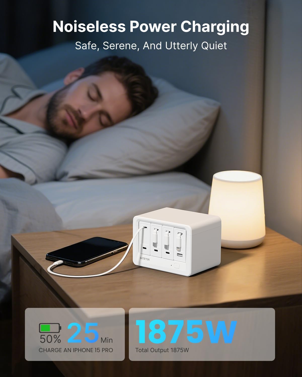 Gitryin 12-in-1 Desktop Charging Station with 3 Retractable Type-C Chargers and 1 Lightning Charger, 160W USB-C Charging Hub with 33.5in Cable, 4 AC, 1 USB A Port, 3 USB C Ports, White