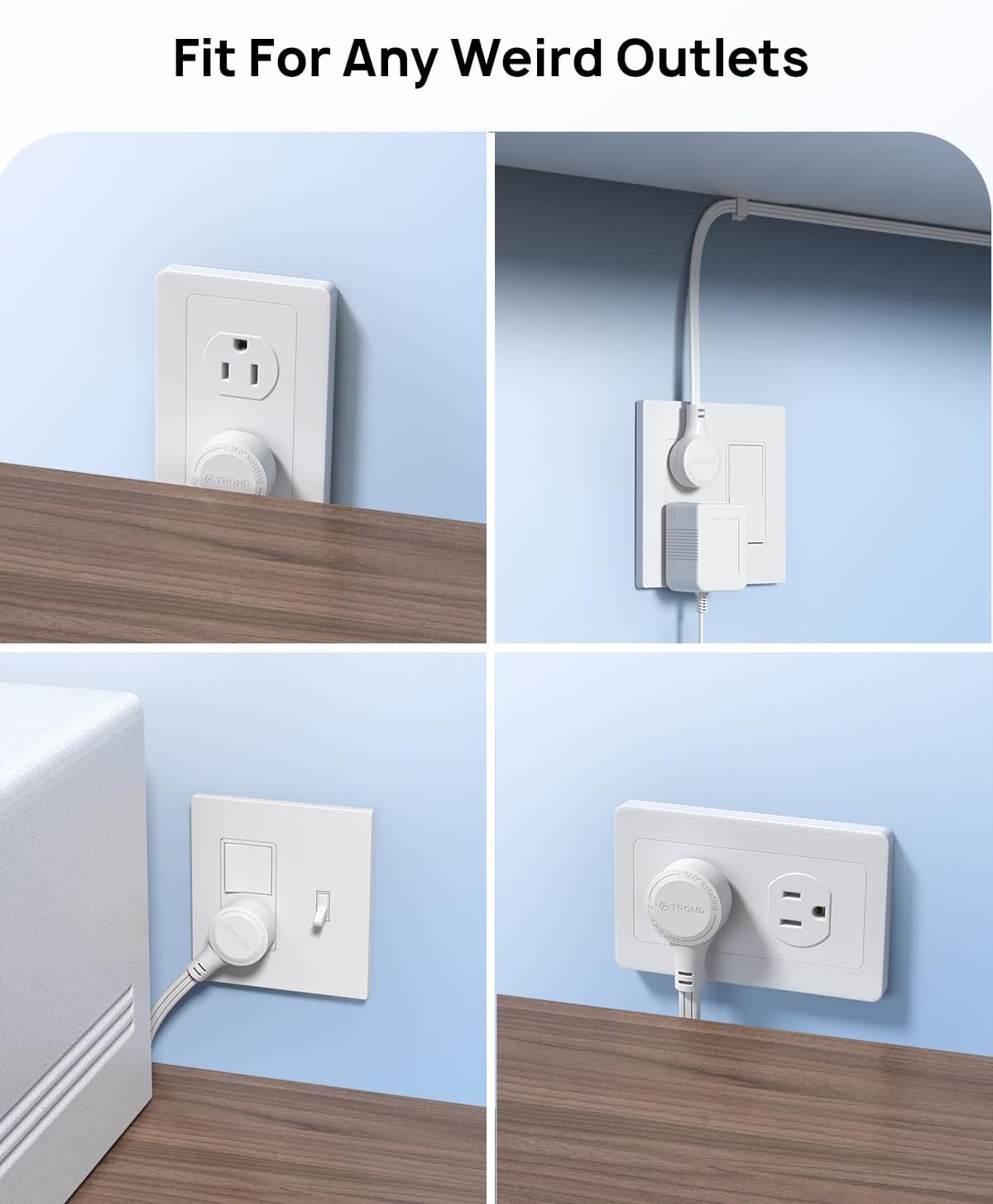 TROND Flat Extension Cord 6ft with 360° Rotating Plug, ETL Listed 3 Prong Power Strip, Low Profile Three Outlets, 13A, SPT 16/3 Gauge, Small for Tight Spaces Indoor Home Office Cruise Travel, White