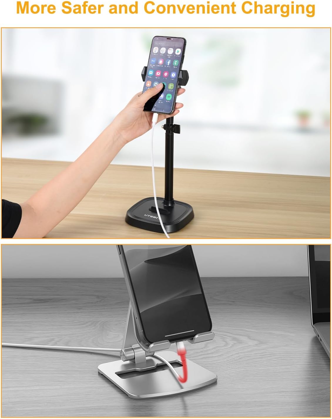 UTEBIT Cell Phone Stand, 6-15" Height Adjustable Rotating Cell Phone Holder for Desk, Retractable Cell Phone Stand,Tablet Stand Holder for 4.7"-15.6" Screen iPhone Samsung, iPad, Kindle, eBook Reader