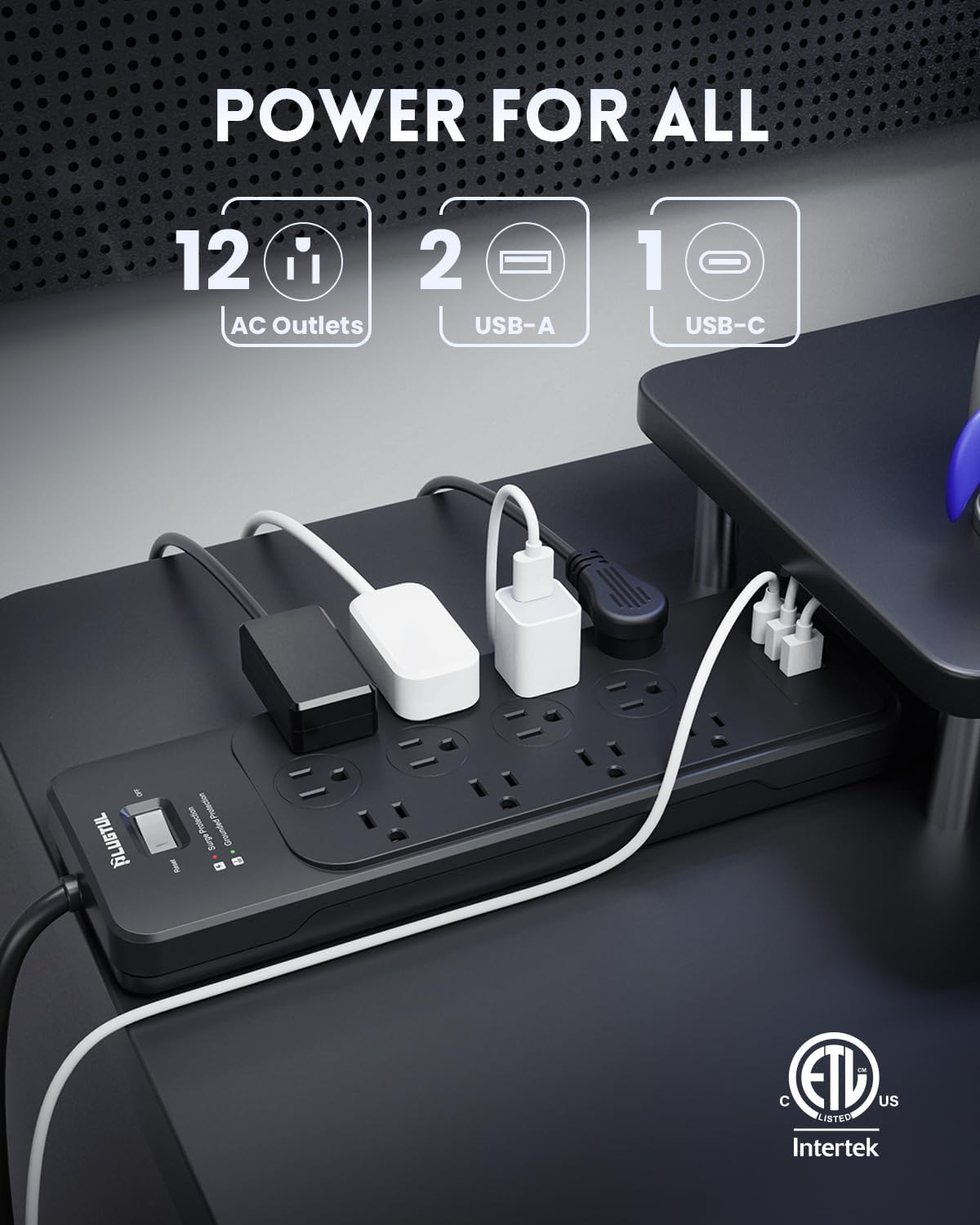 PLUGTUL Surge Protector Power Strip 10FT | Black Surge Protector with 12 Outlets - Spacious Design for Large Plugs, Flat Plug, 4080J, 20W USB C Charging, ETL Listed