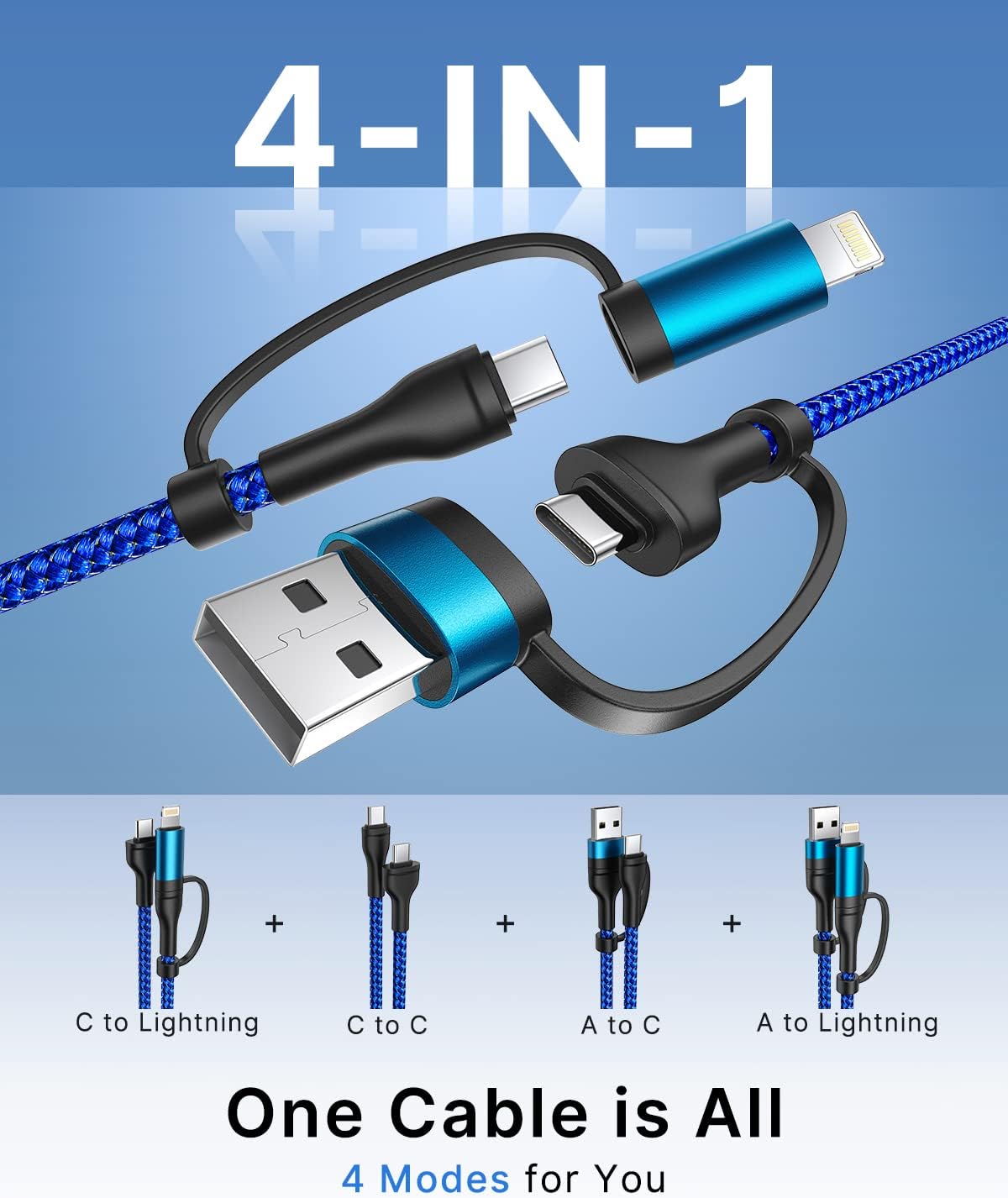 XUDUO 4 in 1 Charging Cord [2Pack 6.6FT] Fast Charging Ccable Apple MFi Certified Lightning Cable Nylon Braided 60W Multi USB C Cable for iPhone 16/15 14 13 12 iPad Samsung Galaxy MacBook iPad Tablets