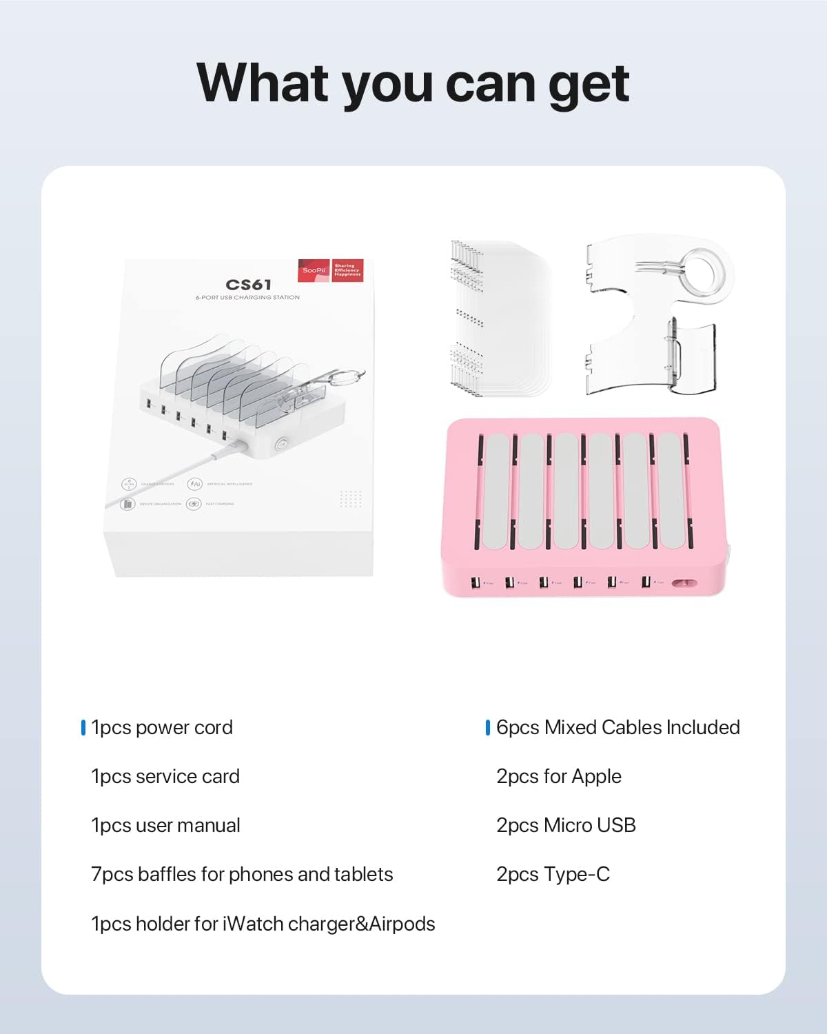 SooPii Premium 6-Port USB Charging Station Organizer for Multiple Devices | Included 6 Short Charging Cables and One Upgraded i-Watch Charger Holder for Phones,Tablets and Other Electronics, Pink