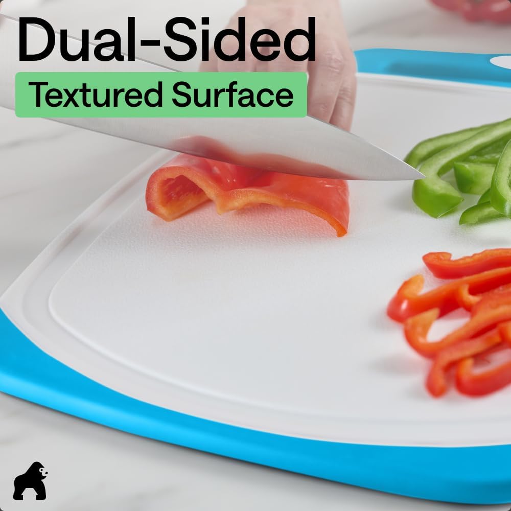 GORILLA GRIP BPA-Free Reversible Kitchen Cutting Board Set of 3, US Designed, Nonporous, Juice Grooves Catch Liquid, Slip Resistant Border, Dishwasher Safe, Durable Large Food Chopping Boards, Aqua