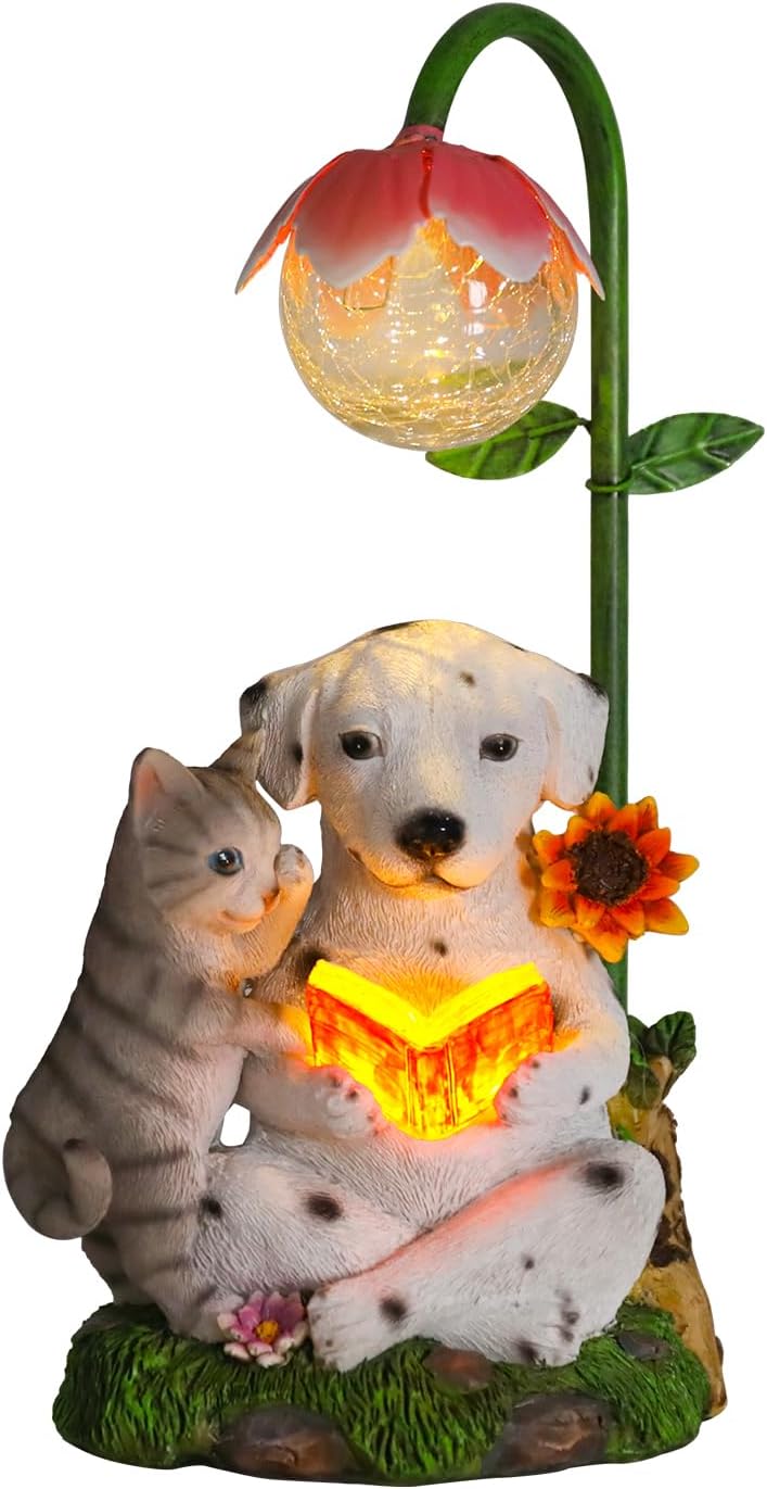 Dog And Cat Solar Garden Light, Cute Resin Figurine with Reading Scene