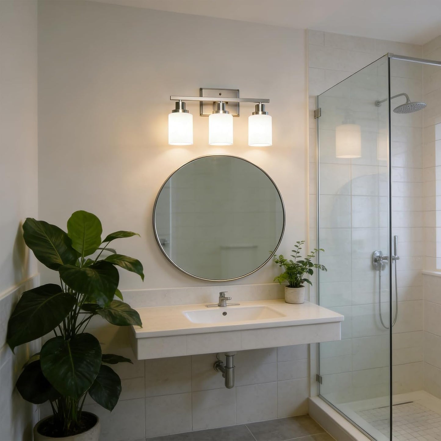 Ascher Bathroom Light Fixtures, 3-Light Vanity Light Over Mirror, Modern Brushed Nickel Wall Sconces with Milky White Shades, Wall Lamp for Kitchen Hallway Cabinet Porch E26 Base