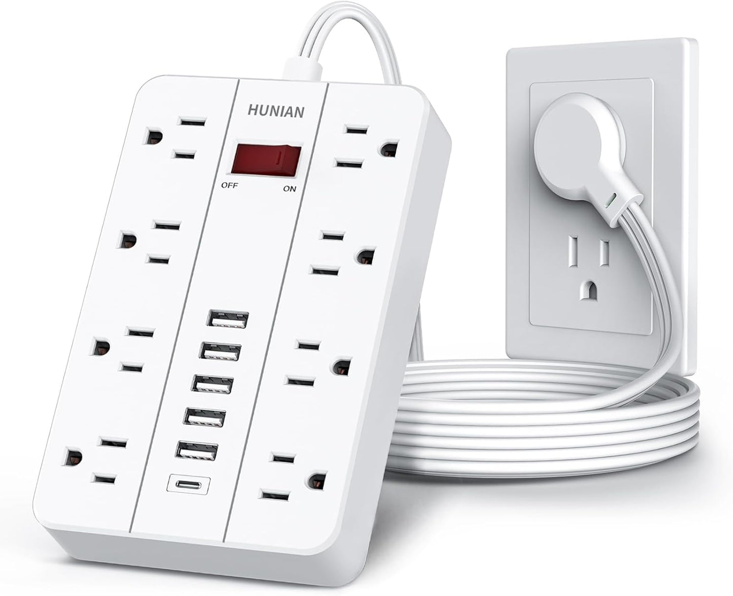 Power Strip with USB, Flat Plug Extension Cord with Multiple Outlets 5 Ft, HUNIAN Power Strip with 8 Widely Spaced Outlets 6 USB Charger (1 USB C Port), Desk Charging Station for Home Office, White